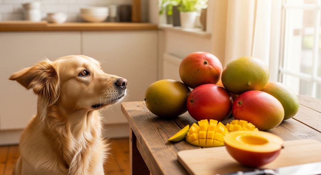 cachorro olhando para frutas manga na cozinha