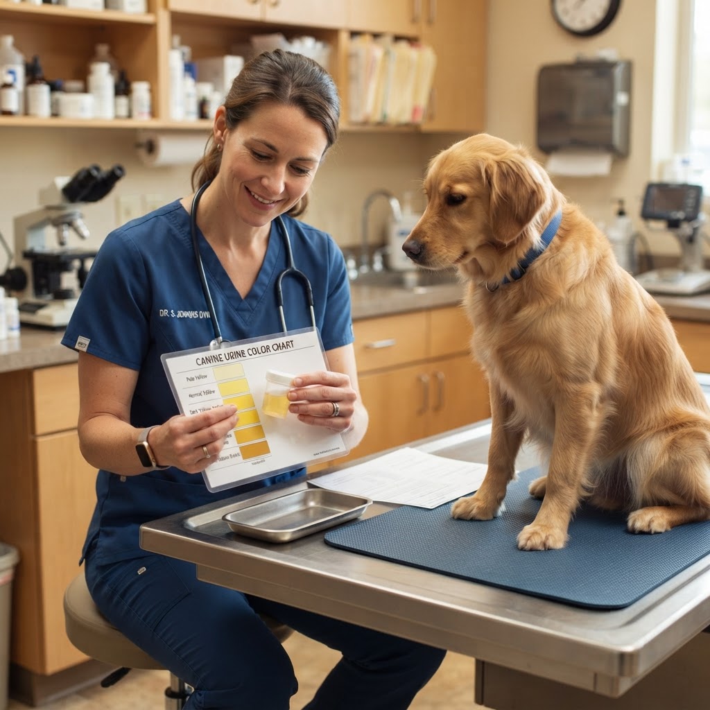 Veterinário examinando cor da urina do cachorro