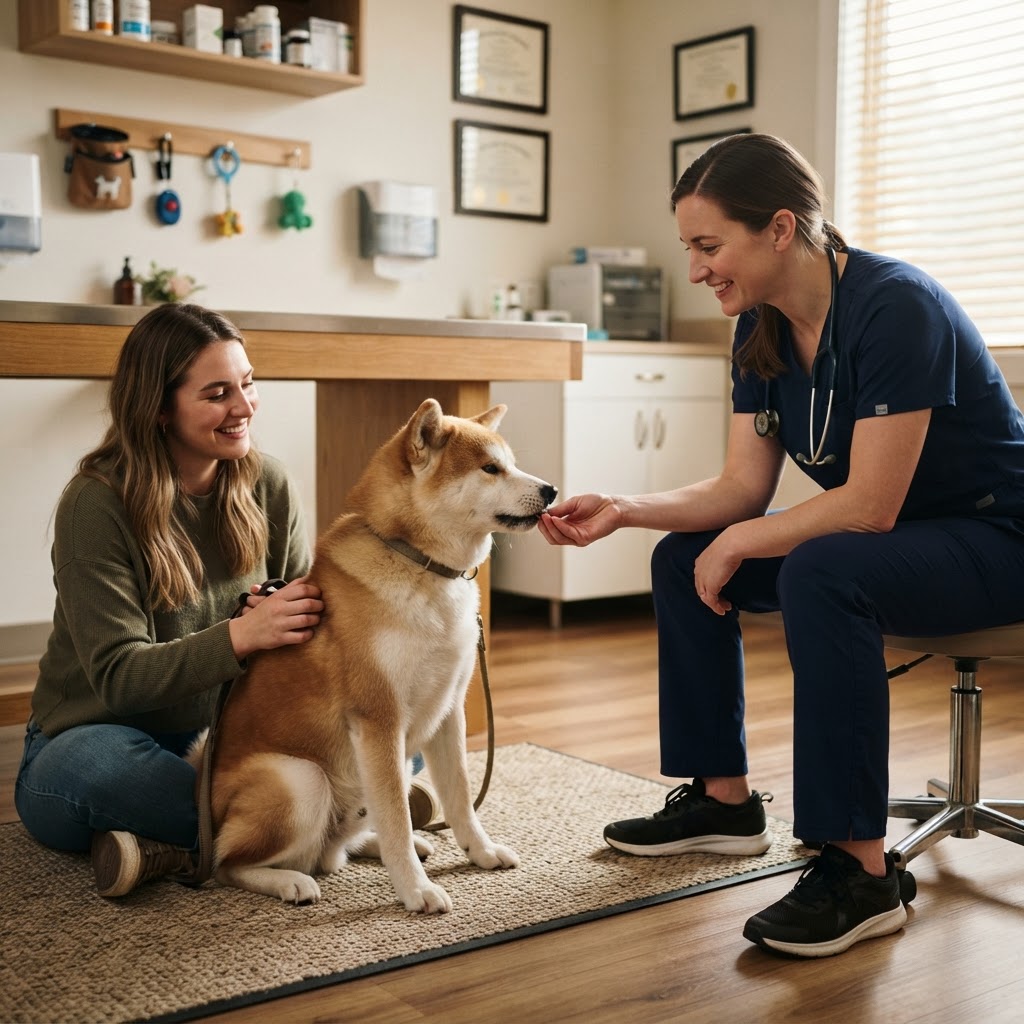 Veterinário orientando socialização de um Akita Inu