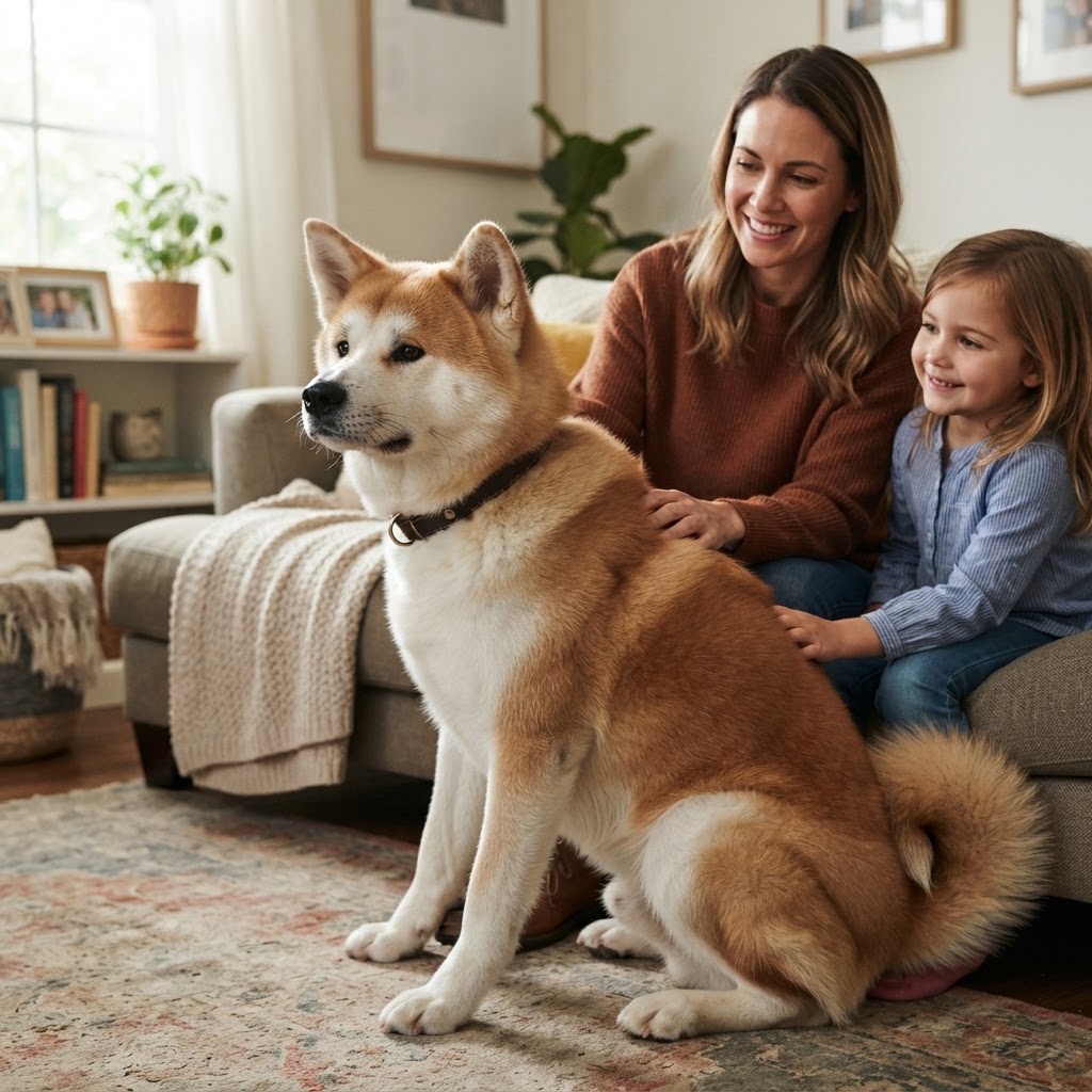 Close-up de um Akita Inu com expressão calma e atenta