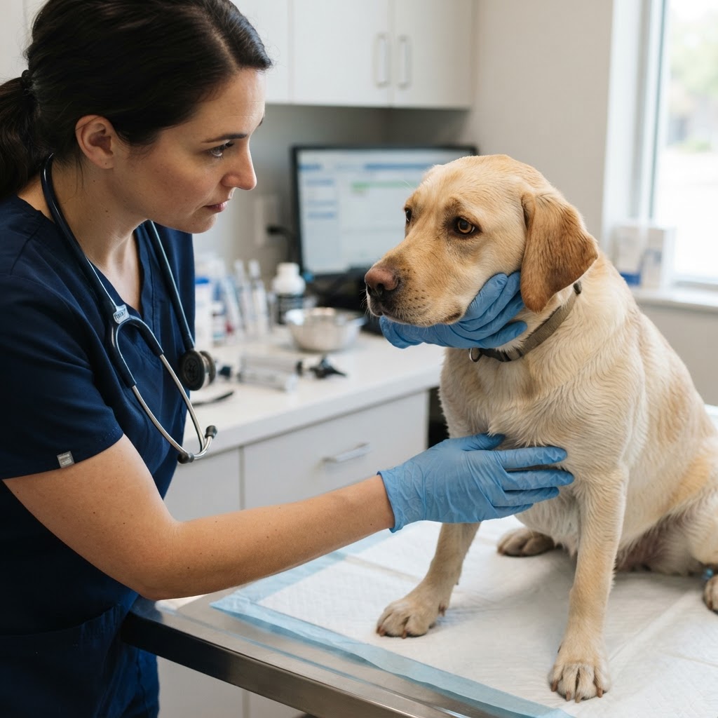 Veterinário examinando cachorro após possível ingestão de alho