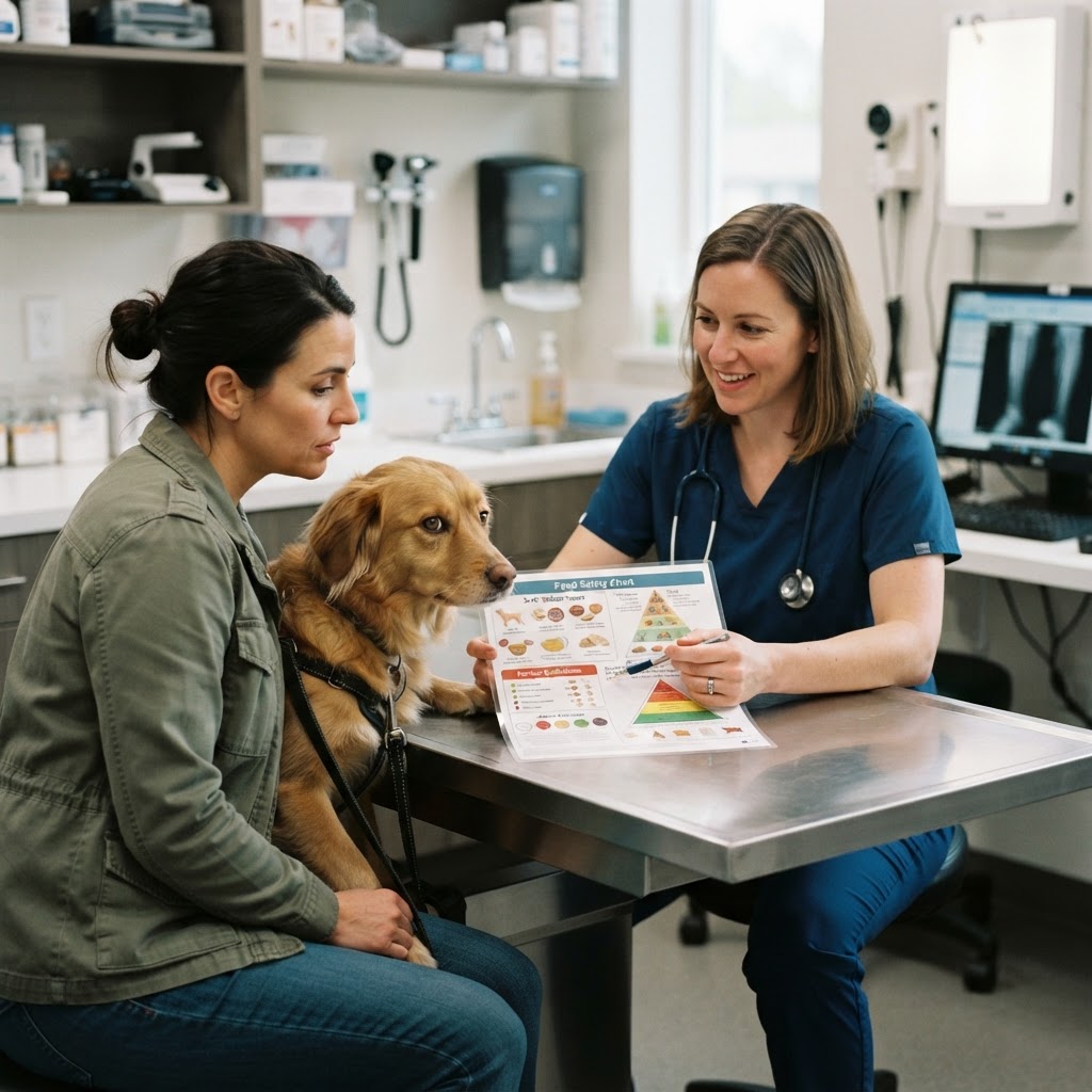 Veterinário orientando tutor sobre segurança alimentar canina