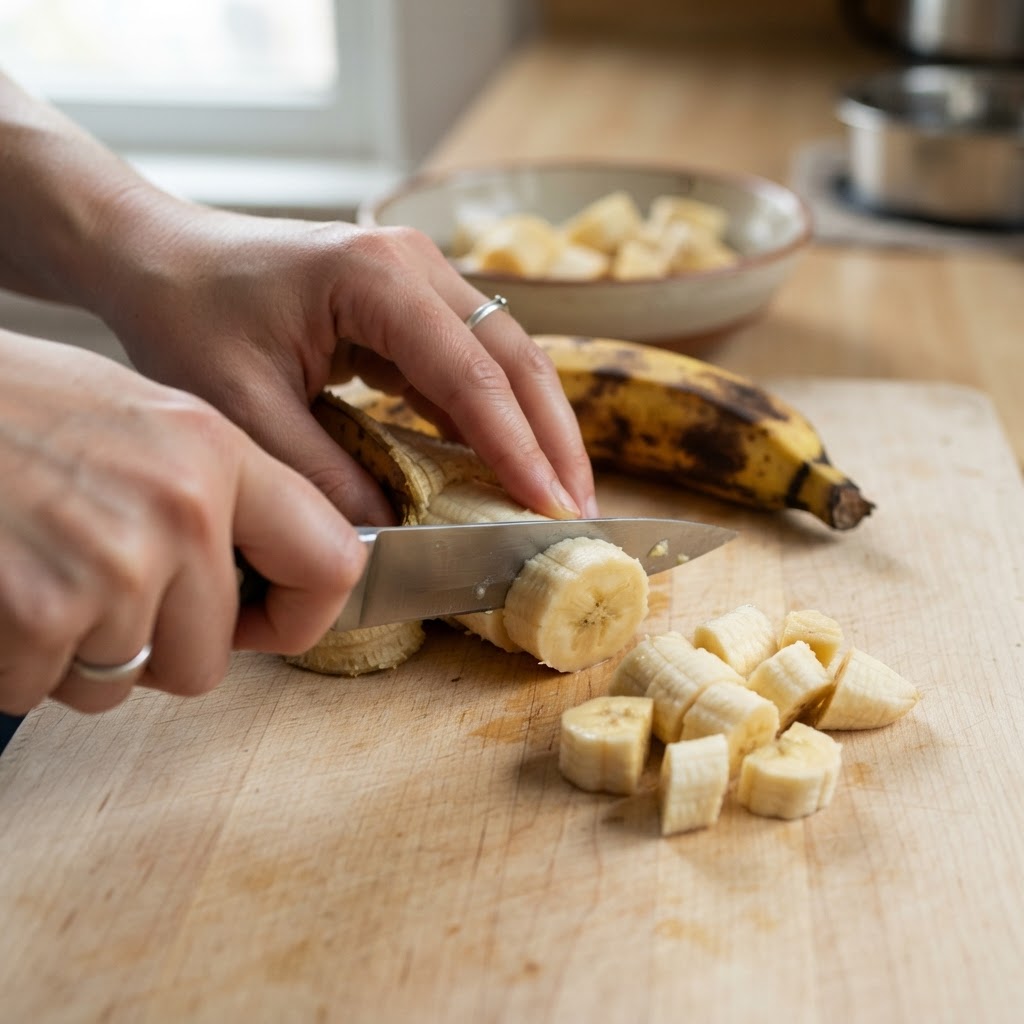 Banana da terra sendo cortada em pequenos pedaços para cachorro