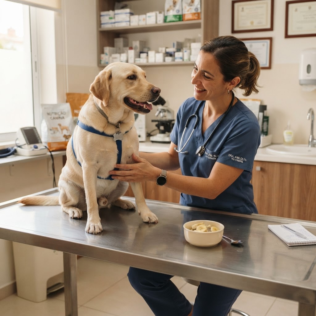 Veterinária orientando cuidados alimentares para cachorro