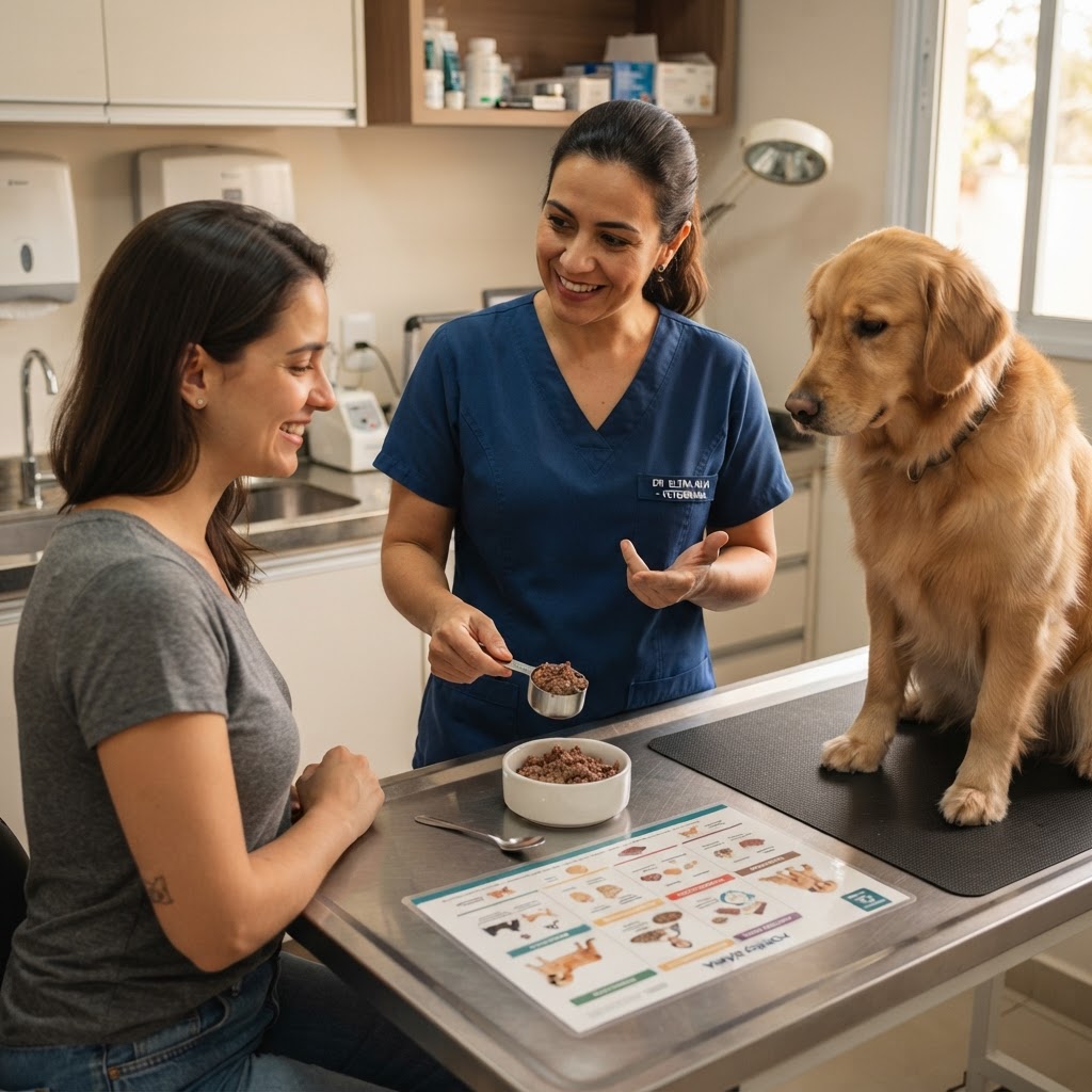 Veterinário orientando a porção de carne moída para cachorro