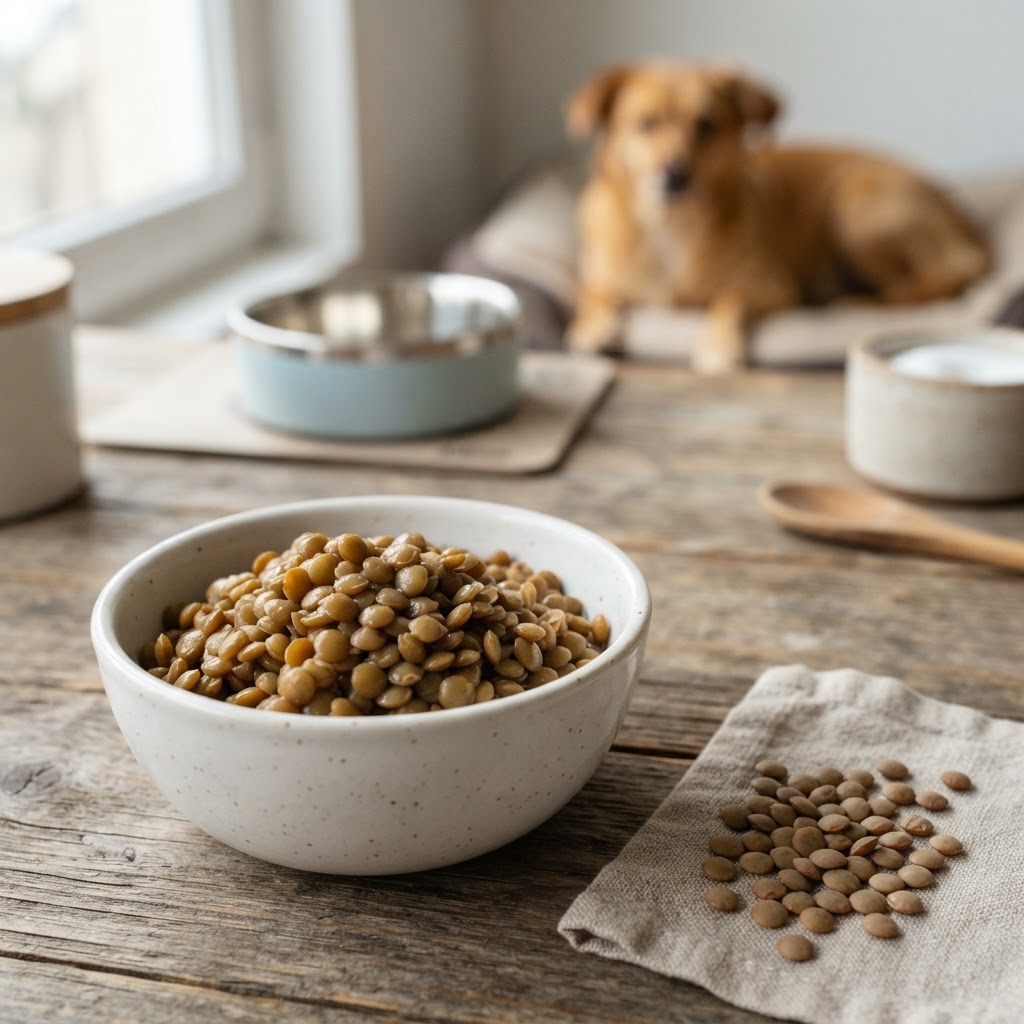Lentilhas simples bem cozidas e sem tempero, prontas para serem oferecidas em pequena quantidade ao cachorro
