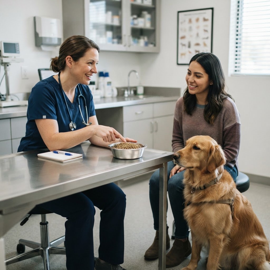 Veterinária conversando com tutor sobre a alimentação do cachorro e a segurança dos petiscos