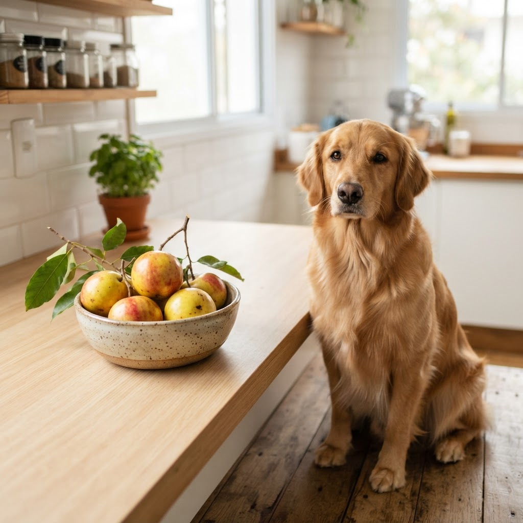 Cachorro ao lado de siriguelas maduras, fruta com caroço que exige cautela