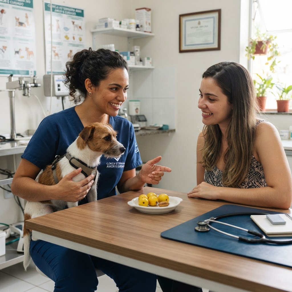 Médica-veterinária orienta responsável sobre cuidado com fruta e caroço para cachorro