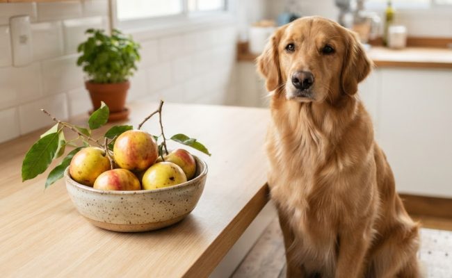 Cachorro ao lado de siriguelas maduras, fruta com caroço que exige cautela